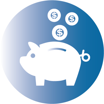 White piggy bank icon with a dollar coin on blue background